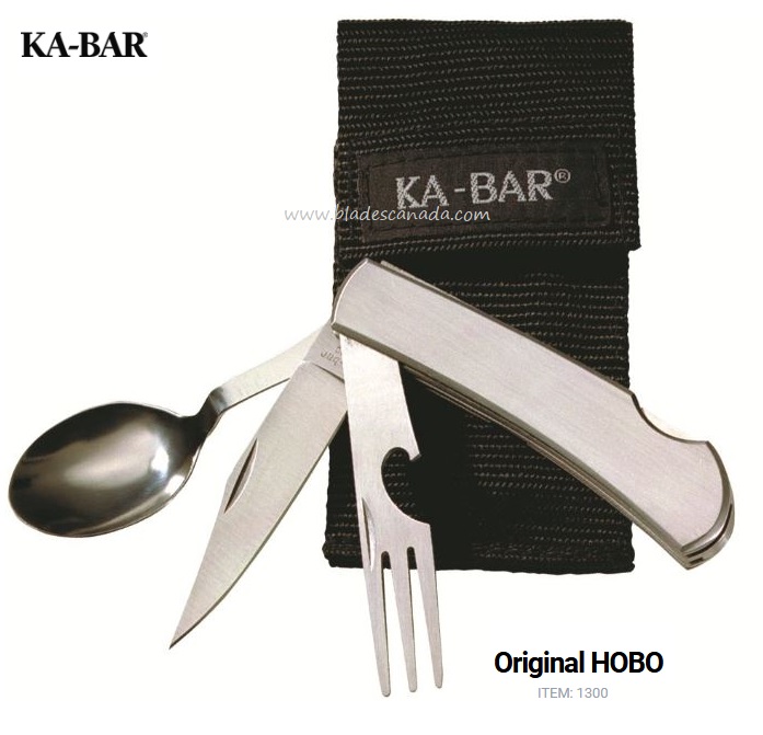Ka-Bar Original Hobo 3 in 1 Utensil Kit, Stainless Steel, Soft Sheath, 1300