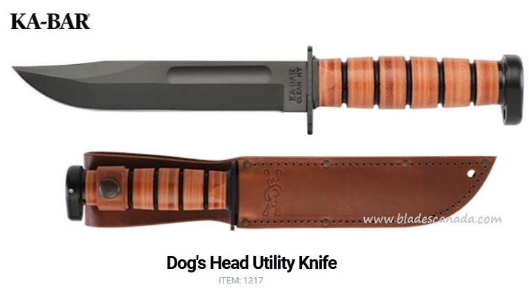 Ka-Bar Dog's Head Utility Fixed Blade Knife, 1095 Cro-Van, Leather Sheath, Ka1317