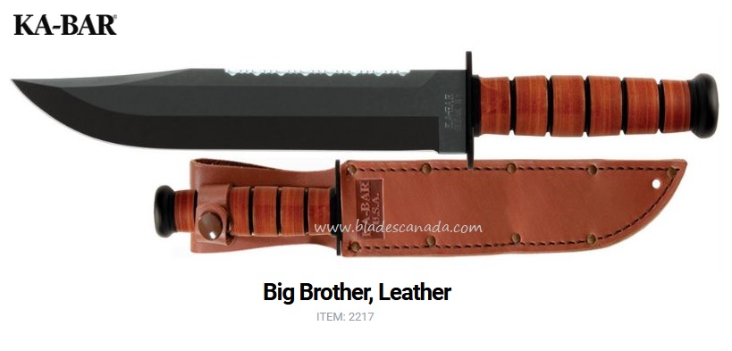 Ka-Bar Big Brother Fixed Blade Knife, 1095 w/Serration, Leather Sheath, 2217