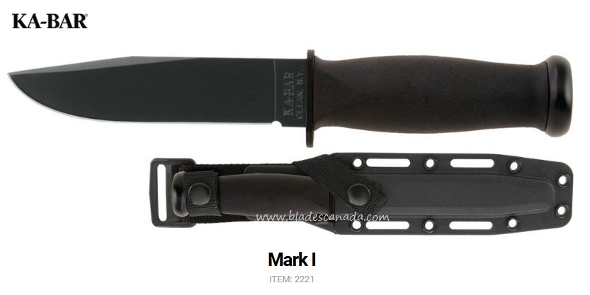 Ka-Bar Mark 1 Fixed Blade Knife, 1095 Cro-Van, Hard Sheath, 2221