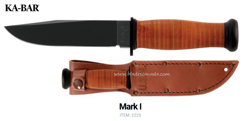 Ka-Bar Mark 1 Fixed Blade Knife, 1095 Cro-Van, Leather Handle, Leather Sheath, 2225