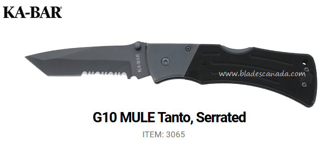 Ka-Bar Mule Folding Knife, Tanto w/Serrations, G10 Black, Ka3065