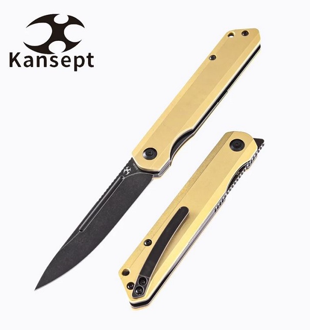 Kansept Prickle Flipper Folding Knife, CPM S35VN, Brass Handle, K1012B1