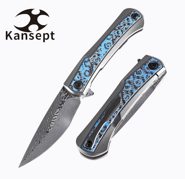 Kansept Kratos Flipper Framelock Knife, Damascus Blade, Carbon Fiber Blue Rose, K1024A4 - Click Image to Close
