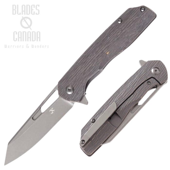 Kansept Shard Flipper Framelock Knife, CPM S35VN, Titanium Bronze Woodgrain, K1006-Verticle
