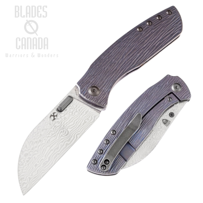 Kansept Convict Framelock Folding Knife, Damascus Blade, Titanium Woodgrain Blue, K1023W1