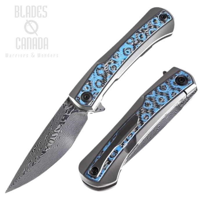 Kansept Kratos Flipper Framelock Knife, Damascus Blade, Carbon Fiber Blue Rose, K1024A4