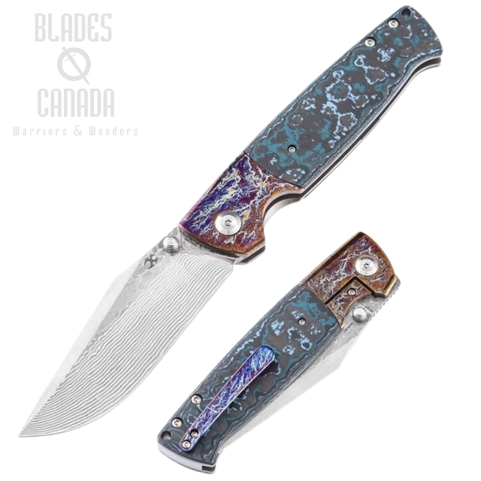 Kansept Shikari Framelock Folding Knife, Damascus Blade, Artic Storm Fat Carbon Fiber/Titanium, K1027A6