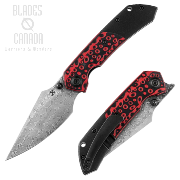 Kansept Fenrir Flipper Folding Knife, Damascus, Titanium/Black & Red, K1034A2