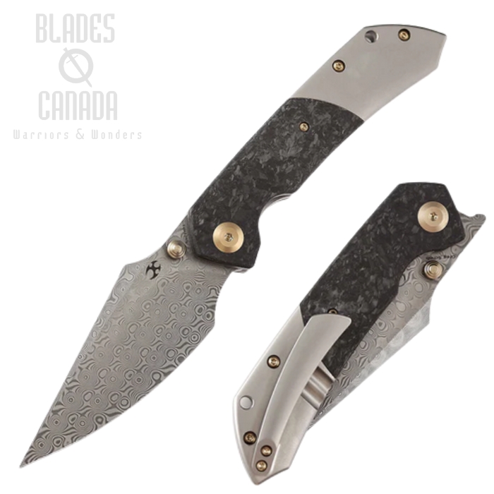 Kansept Fenrir Flipper Folding Knife, Damascus, Titanium/Carbon Fiber Shred, K1034B1
