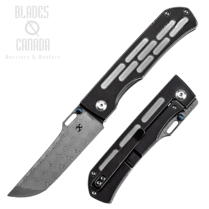 Kansept Reedus Framelock Folding Knife, Damascus, Titanium w/Blue Ano, K1041A6