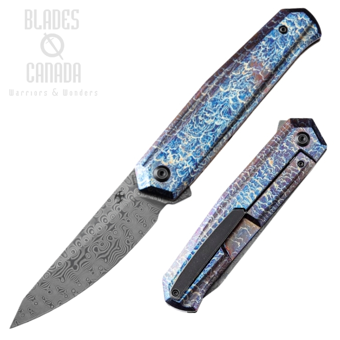 Kansept Integra Flipper Framelock Knife, Damascus, Titanium Lightening Ano, K1042D2