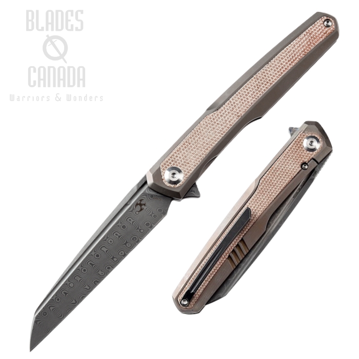 Kansept Arcus Flipper Framelock Knife, Damascus, Titanium Bronze Ano/Micarta Brown, K1046D1 Kansept Arcus Flipper Framelock Knife, Damascus, Titanium Bronze Ano/Micarta Brown, K1046D1