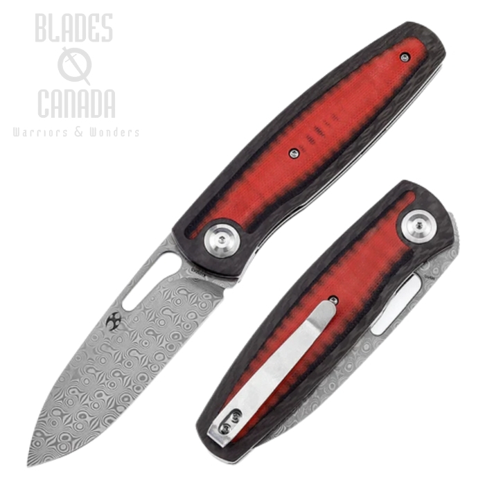 Kansept Mato Folding Knife, Damascus, Carbon Fiber Twill/G10 Red & Black, K1050A5 Kansept Mato Folding Knife, Damascus, Carbon Fiber Twill/G10 Red & Black, K1050A5