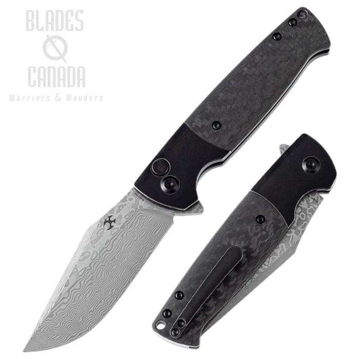 Kansept Shikari SBL Button Lock Flipper Folding Knife, Damascus, Titanium w/CF Handle, K2027D1