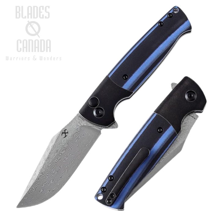 Kansept Shikari SBL Button Lock Flipper Folding Knife, Damascus, Titanium w/G10, K2027D2