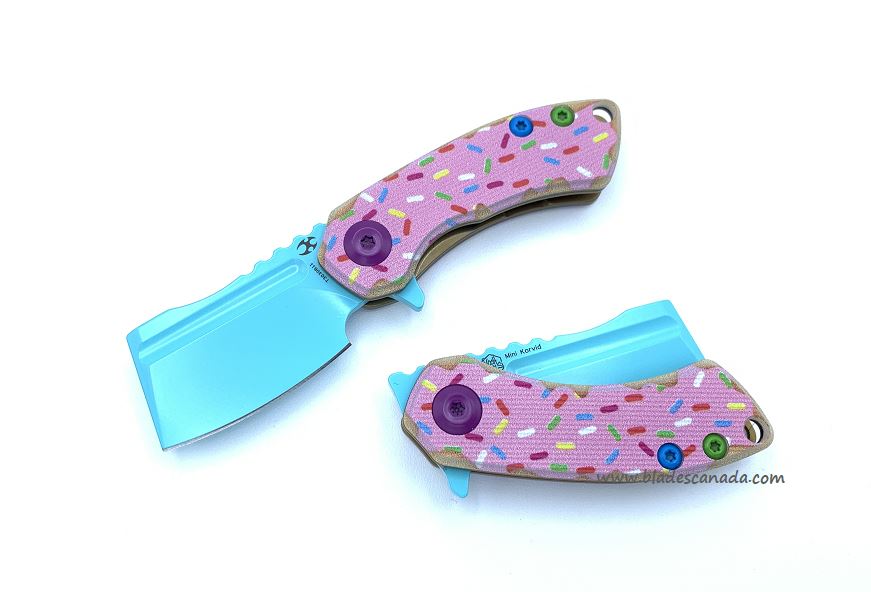 Kansept Mini Korvid Flipper Folding Knife, 154CM Blue, G10 Dessert Donut Pink/Brown, T3030B11