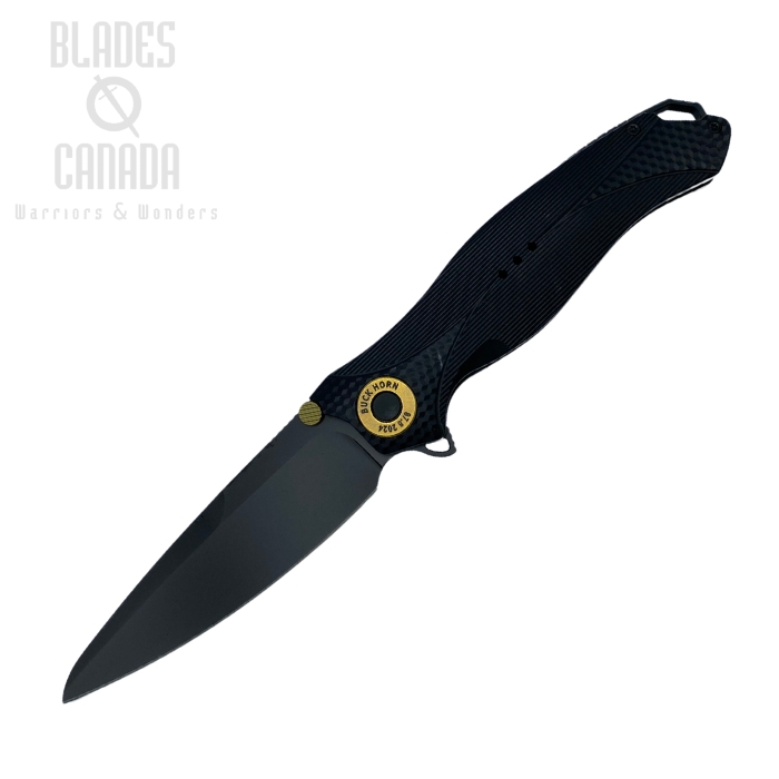 Karbon Buck Horn Flipper Folding Knife, 14C28N Black, Aluminum Textured Black, KARB120