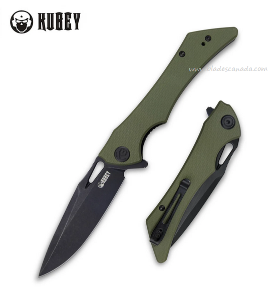 Kubey Raven Flipper Folding Knife, AUS 10 Black SW, G10 Green, KB245I