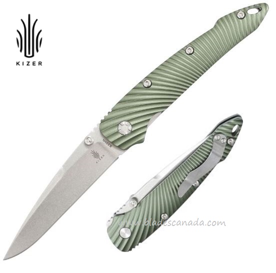 Kizer 4419A3 Folding Knife, S35VN Stonewash, Aluminum Green - Click Image to Close
