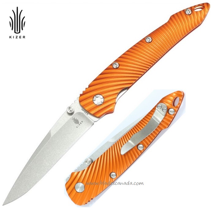 Kizer 4419A1 Folding Knife, S35VN Stonewash, Aluminum Orange - Click Image to Close