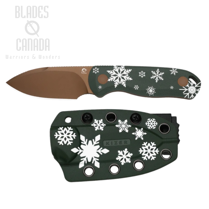 (image for) Kizer Drop Bear Fixed Blade Knife, Christmas Edition, D2 Sunset Metal PVD, G10 Green, 1094MC1