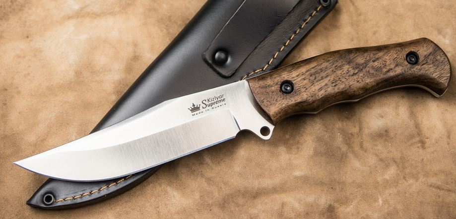Kizlyar Caspian Hunter Fixed Blade Knife, Walnut, Leather Sheath, KK0007