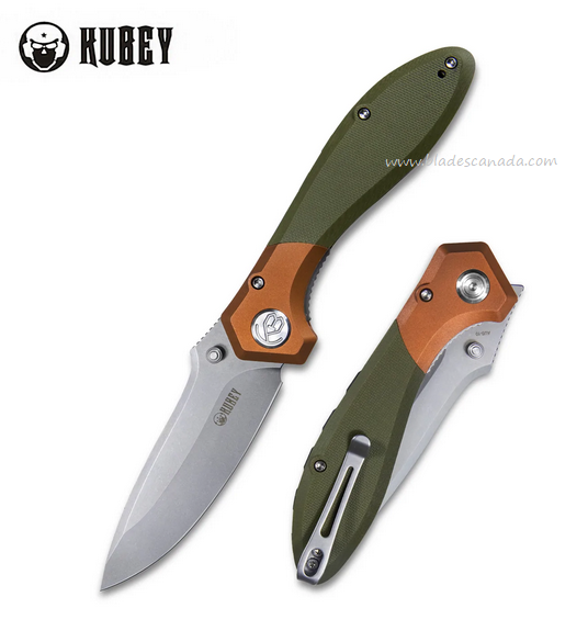 Kubey Ruckus Folding Knife, AUS10, G10 Green/Copper, KU314B