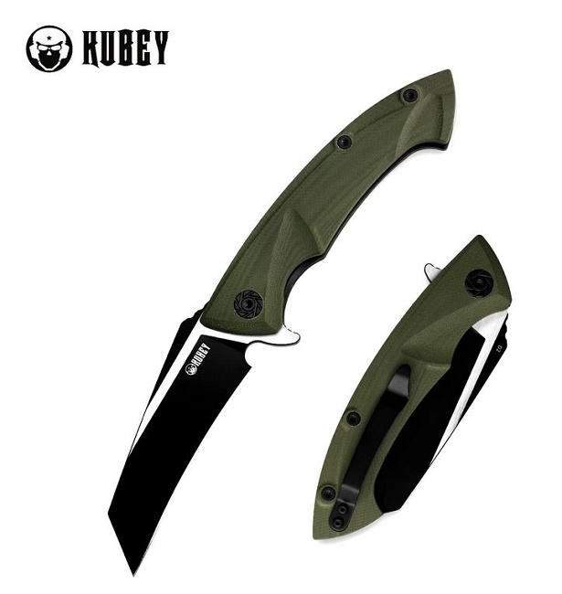 Kubey Anteater Hawkbill Flipper Folding Knife, D2 Black, G10 OD Green, KU212F
