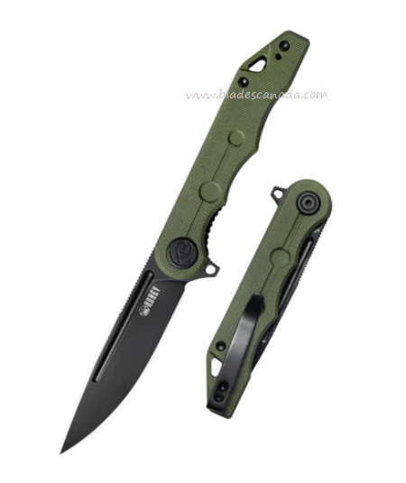 Kubey Mizo Flipper Folding Knife, AUS10 Black, G10 OD Green, KU312D