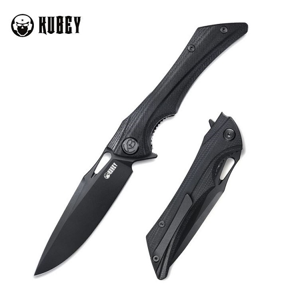 Kubey Raven Flipper Folding Knife, AUS 10 Black, G10 Black, KB245E