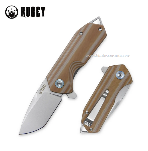 Kubey Campe Flipper Folding Knife, D2 Steel, G10 Striped Beige, KU203F