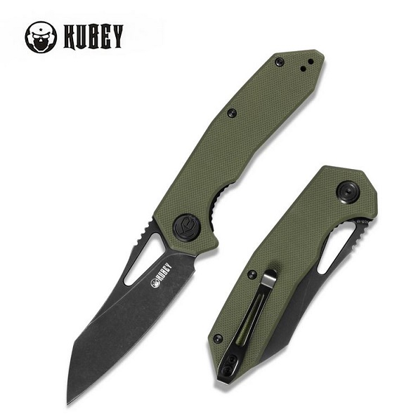Kubey Vagrant Folding Knife, AUS 10 Black, G10 OD Green, KU291E