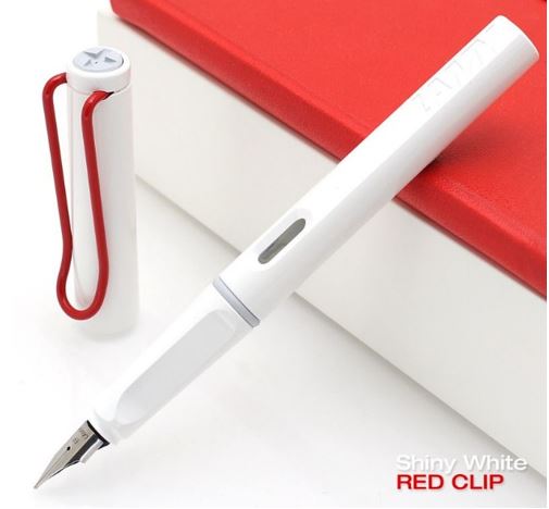 Lamy Safari Fountain Pen, Fine - Shiny White with Red Clip Limited Edition - Click Image to Close