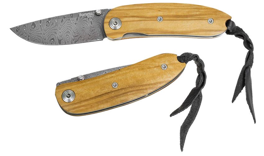 Lion Steel 8210D UL Mini Folding Knife, Damascus, Olive Wood, 8210D UL