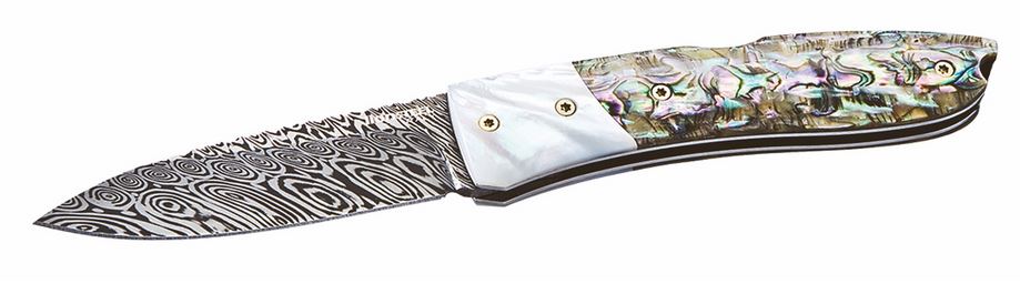 Lion Steel MOP Opera Folding Knife, Damascus, Mother of Pearl, 8800D MOP