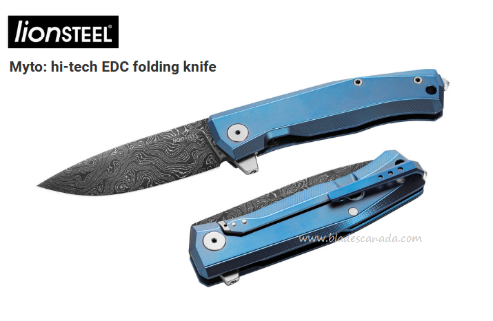 Lion Steel Myto Flipper Framelock Knife, Damascus, Titanium Blue, MT01D BL