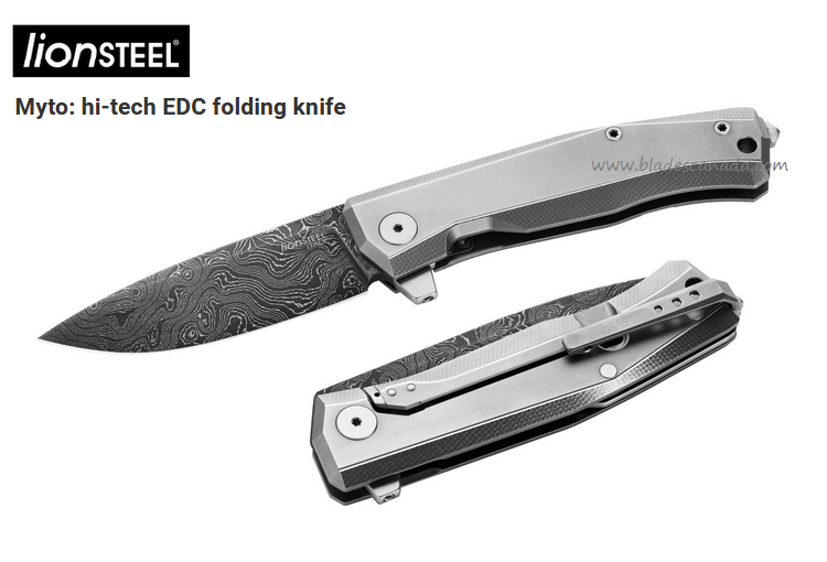 Lion Steel Myto Flipper Framelock Knife, Damascus, Titanium Grey, MT01D GY