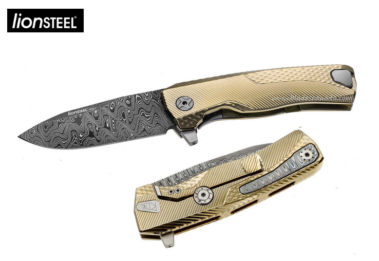 Lion Steel ROK DD GL Flipper Framelock Knife, Damascus, Titanium Gold