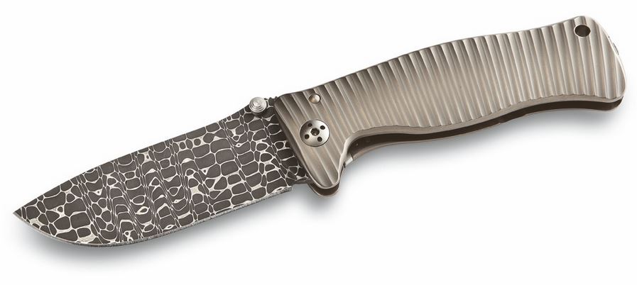Lion Steel SR1DL G Flipper Framelock Knife, Lizard Damascus, Titanium Matte Grey