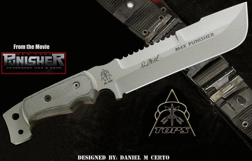 TOPS M4X Punisher Fixed Blade Knife, 1095 Carbon, Nylon Sheath, M4X01