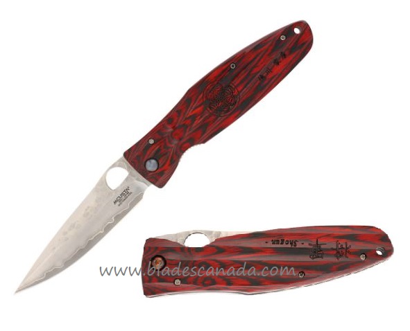 Mcusta Nobunaga Folding Knife, Damascus, Red Pakkawood, MC181G