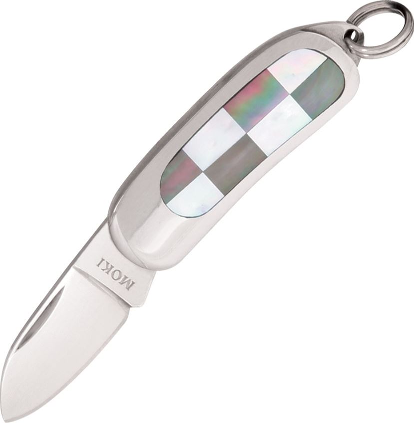 Moki Mini Pendant Folding Knife, AUS 6, White and Black Mother of Pearl, 105 - Click Image to Close