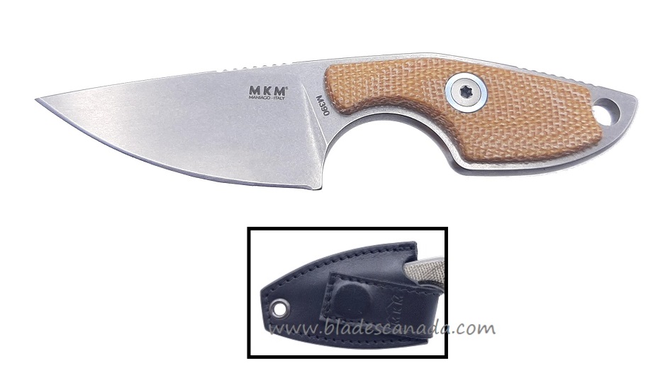 MKM Maniago Knives Mikro 1 M390 Steel, Natural Micarta Handle, Leather Sheath, MR01-NC