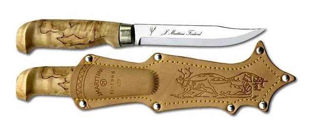 Marttiini Lynx Fixed Blade Knife, Curly Birch, Leather Sheath, 139010