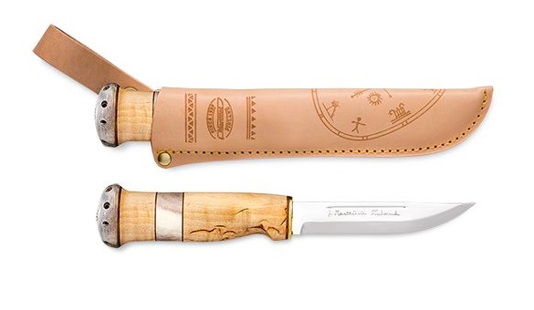 Marttiini Witch's Tooth Fixed Blade Knife, Curly Birch, Leather Sheath, 2121010