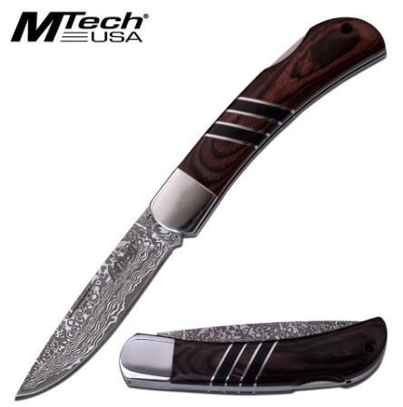 Mtech 1004BR Folding Knife, Stainless Damascus Pattern, Pakkawood