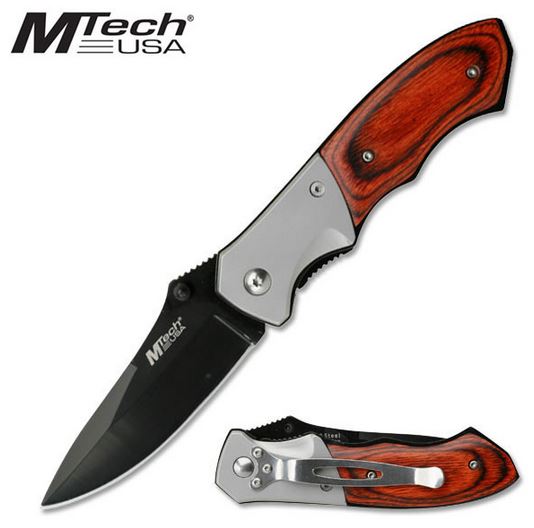 MTech 411 Folding Knife, 440 Blac, Stainless/Pakkawood Handle