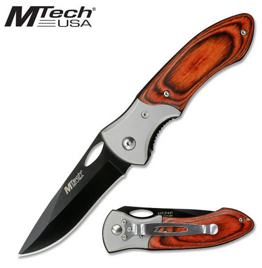 MTech 412 Folding Knife, 440 Black, Stainless/Pakkawood Handle - Click Image to Close