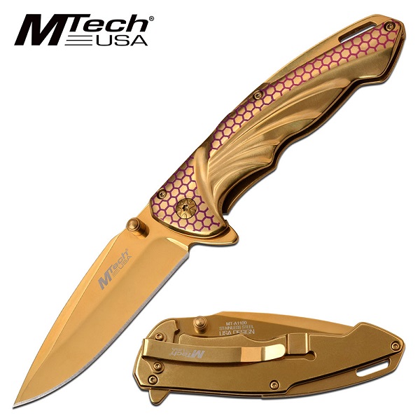 Mtech A1100GD Folding Knife, Assisted Opening, Gold/Colour Design - Click Image to Close